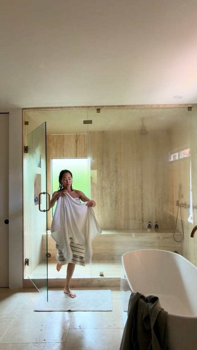 casual white bath towel — horizontal stripe border