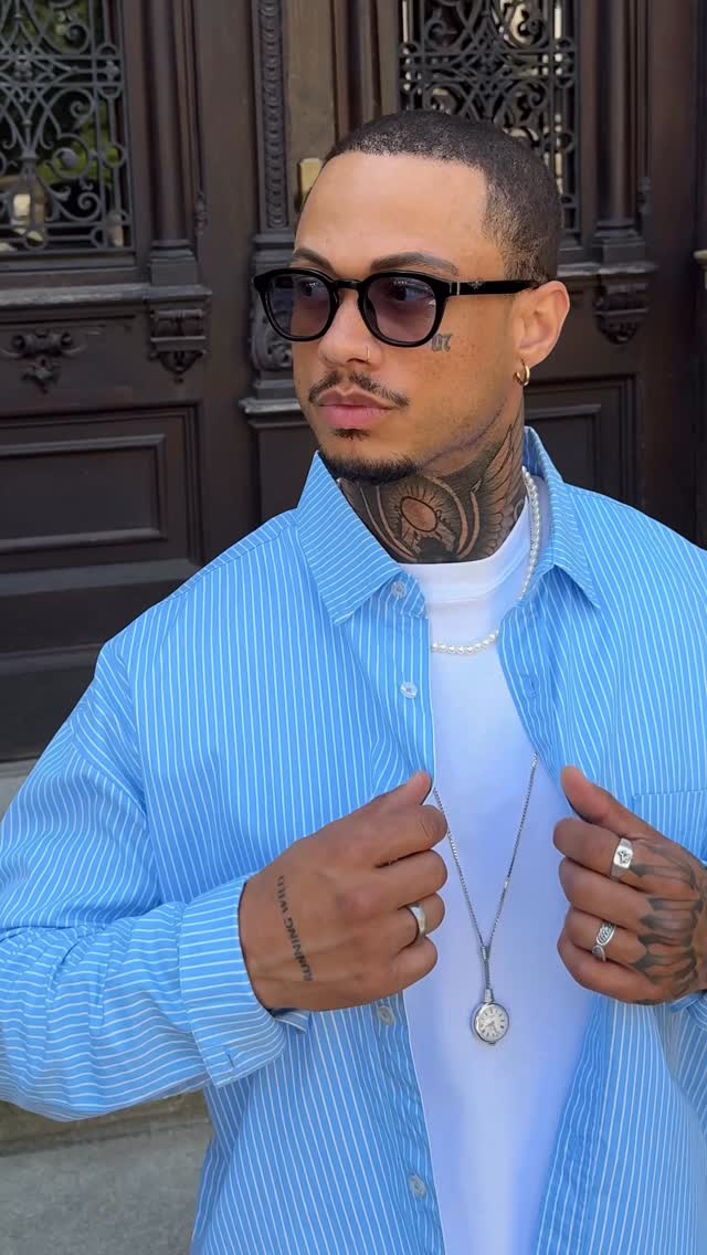Birkenstock Blue Striped Button-Up Shirt Outfit