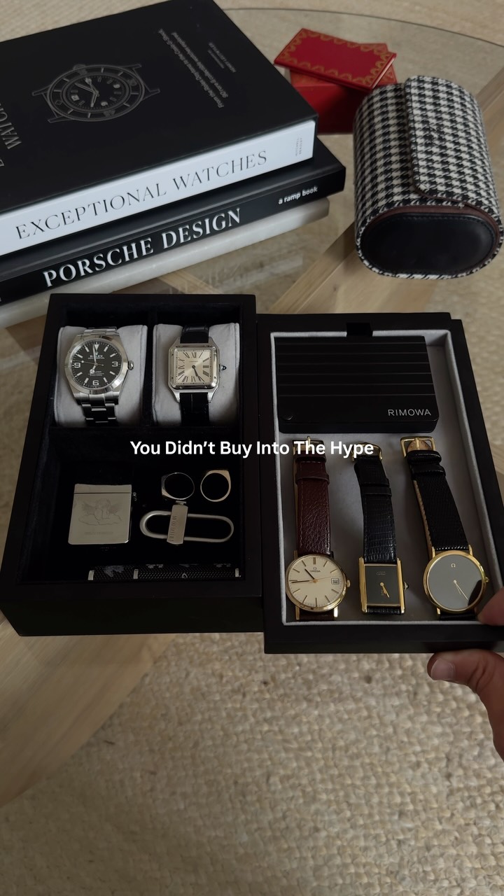 Rolex, Cartier, Omega, Rimowa Luxury vintage watch collection in display case