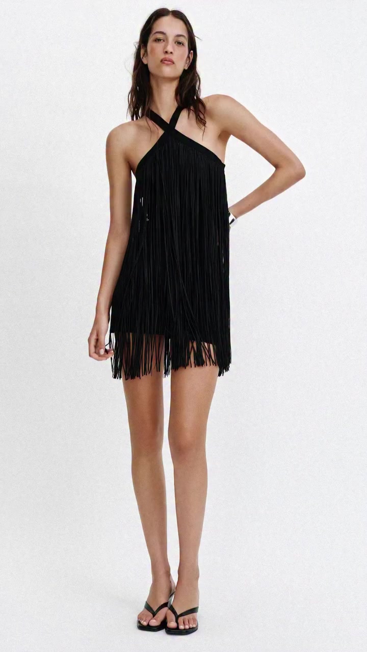 Zara Black Fringe Halter Mini Dress