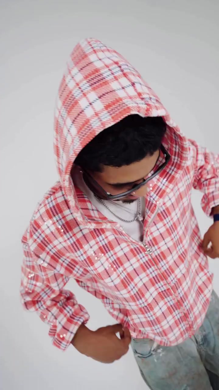 streetwear red and white hooded shirt — full zip front, hood, sequin embellishments, long sleeve