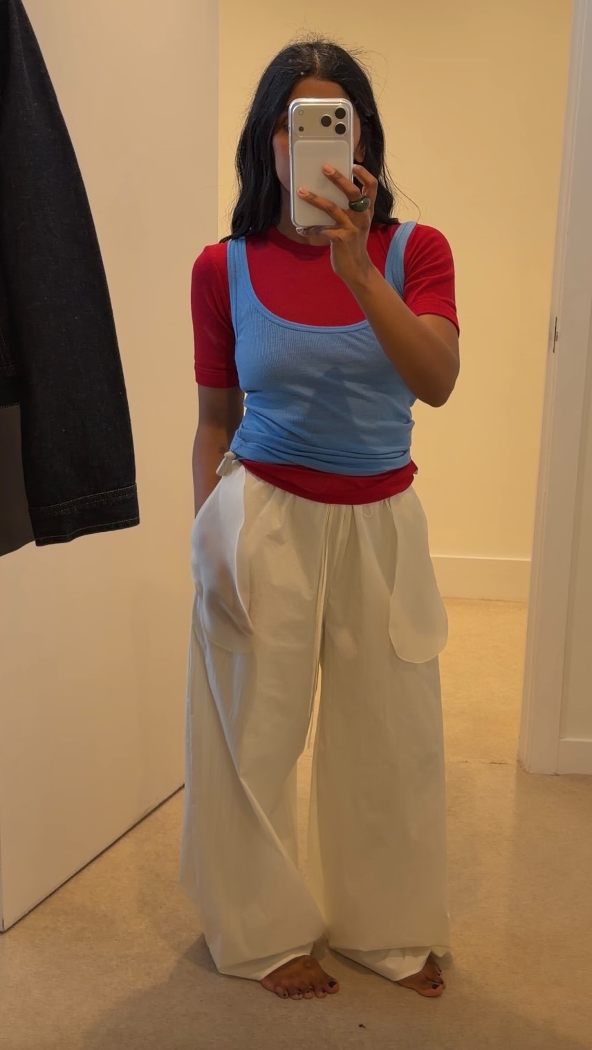 casual off-white wide leg trousers — drawstring waist, large patch pockets, relaxed fit