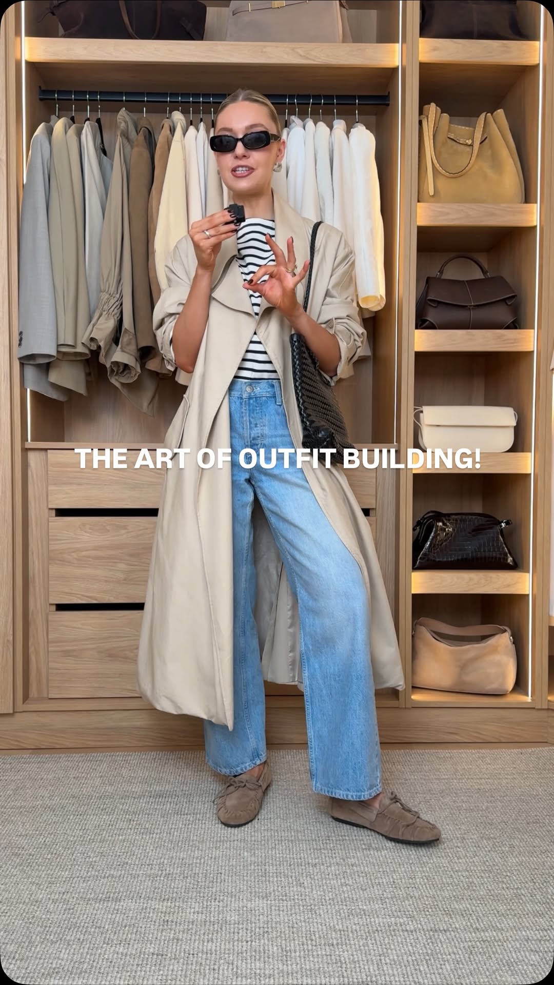 casual light beige trench coat — double-breasted look, wide lapels, long length, raglan sleeves, tie waist