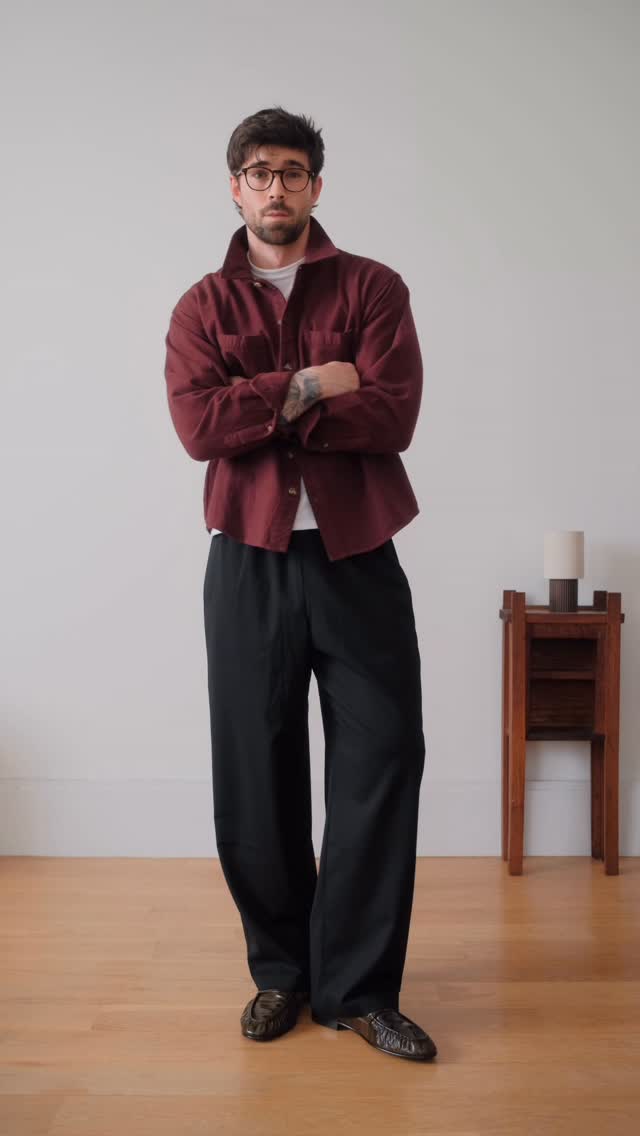 casual burgundy red overshirt — spread collar, button-down front, chest patch pockets, long sleeves with button cuffs