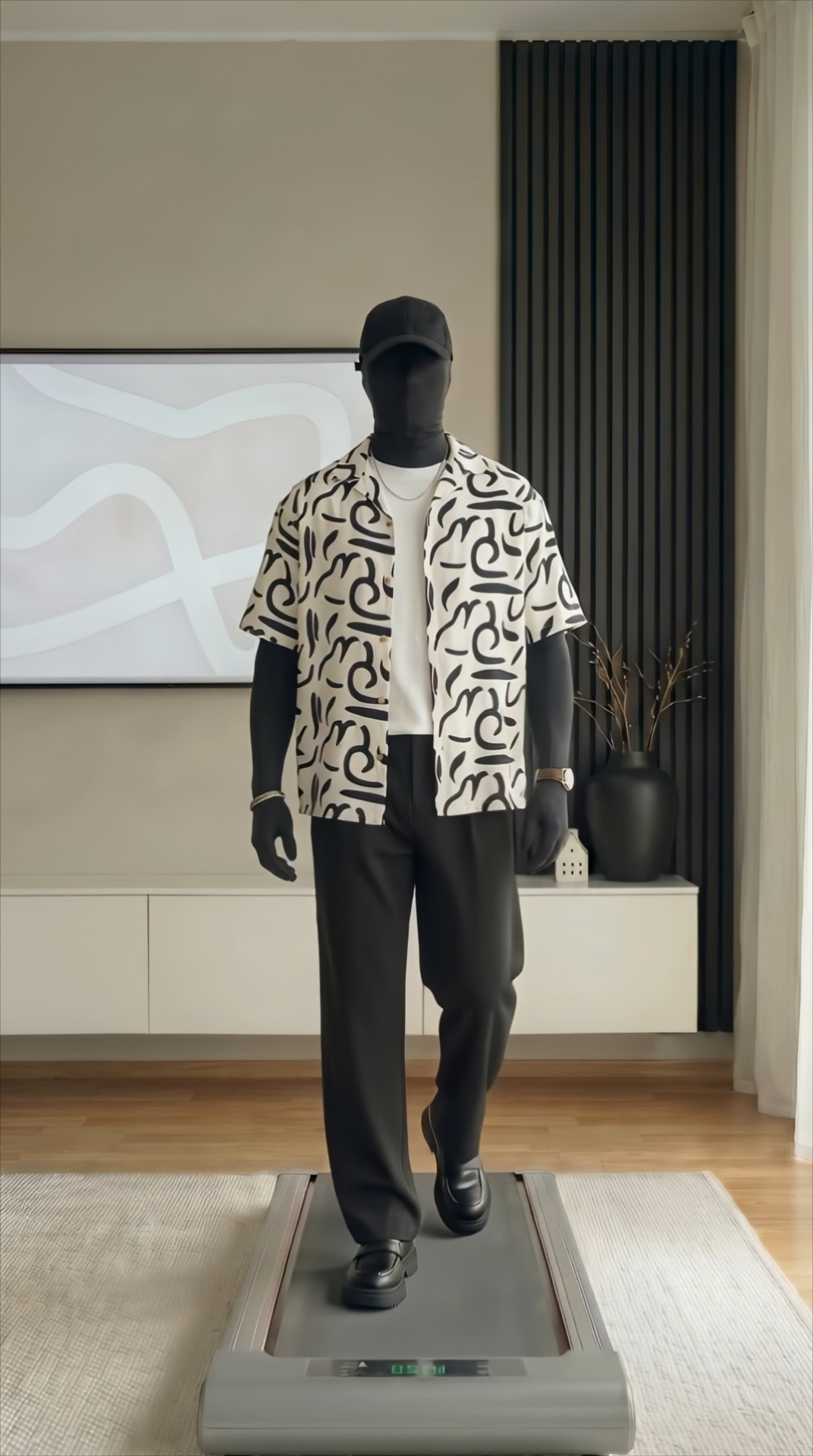 casual cream and black short-sleeve shirt — camp collar, button-front, short sleeves, straight hem