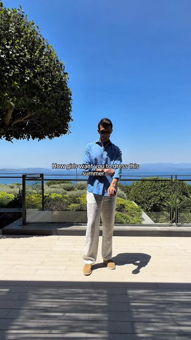 casual blue, beige men's outfit — button-down shirt, long sleeves, collared shirt, straight leg trousers, drawstring waist