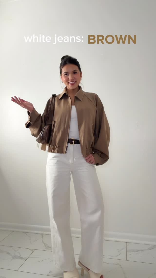 Hey Joanie Denim White wide-leg jeans and brown bomber jacket outfit