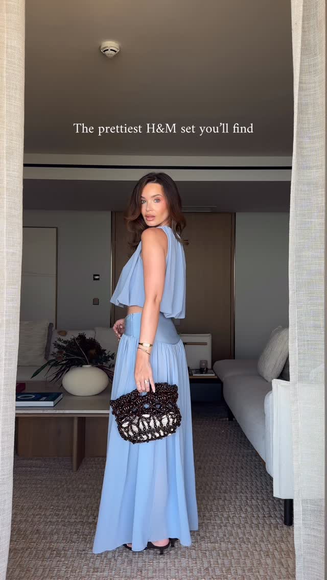H&M Baby Blue Pleated Crop Top and Maxi Skirt Set