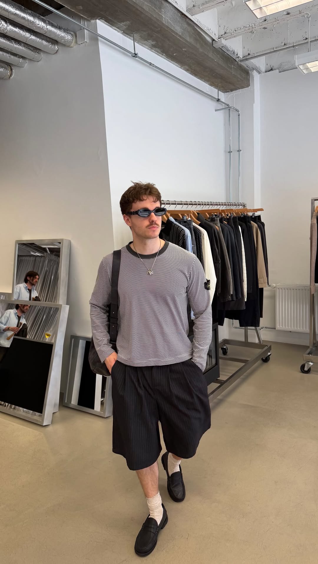 Stone Island Striped Long-sleeve Tee and Pinstripe Shorts Outfit