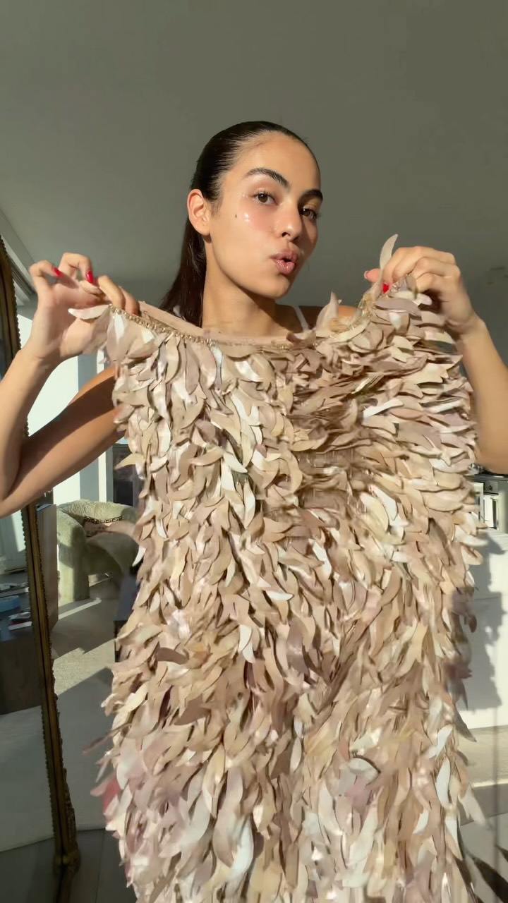 Luxury Iridescent Beige Mini Dress — All-over Layered Leaf-like