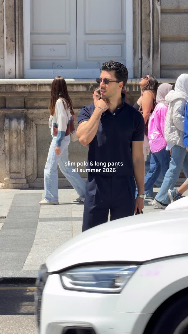 casual navy blue polo shirt and trousers set — short sleeve polo, three-button placket, flat collar, full-length trousers