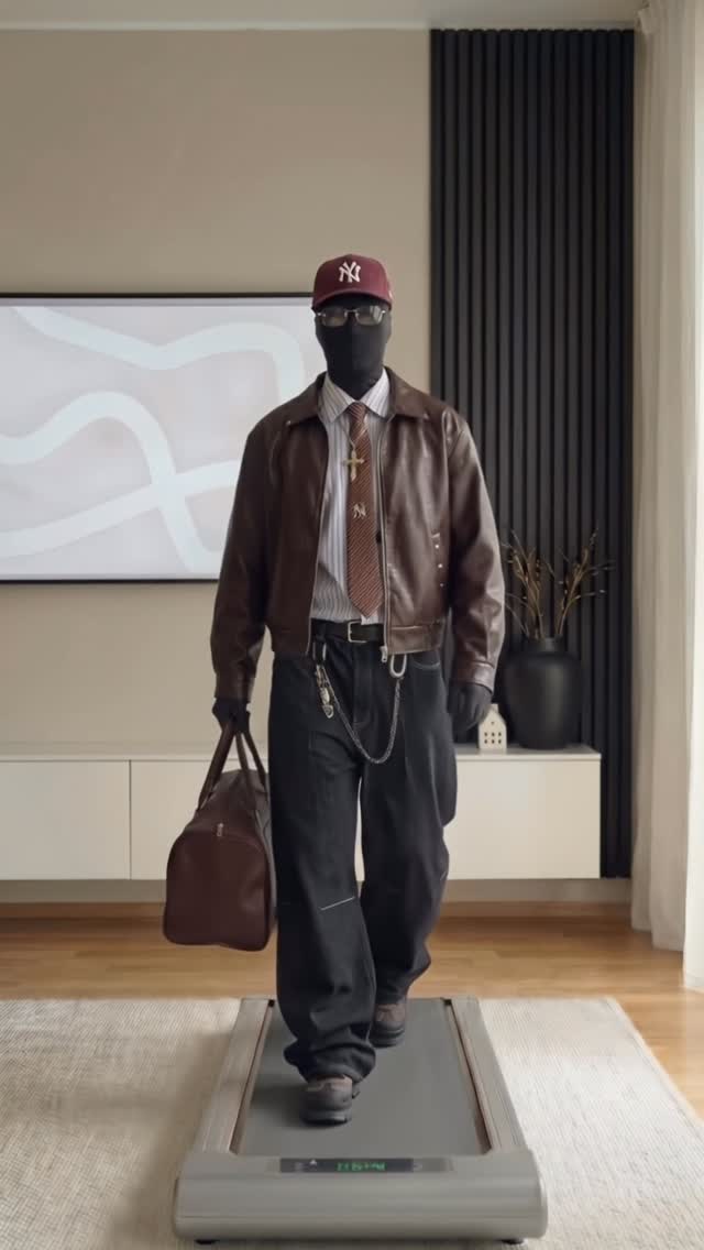 New Era Brown Leather Bomber Jacket with NY Cap Outfit