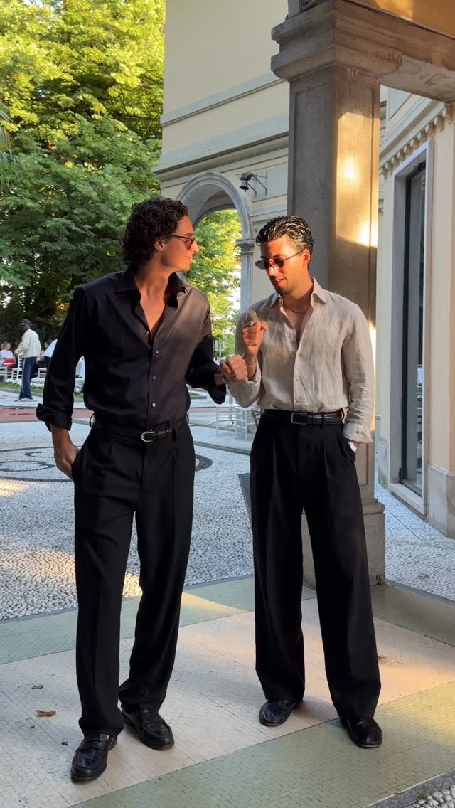 casual black men's trousers — high-waisted, single pleat, belt loops, straight leg