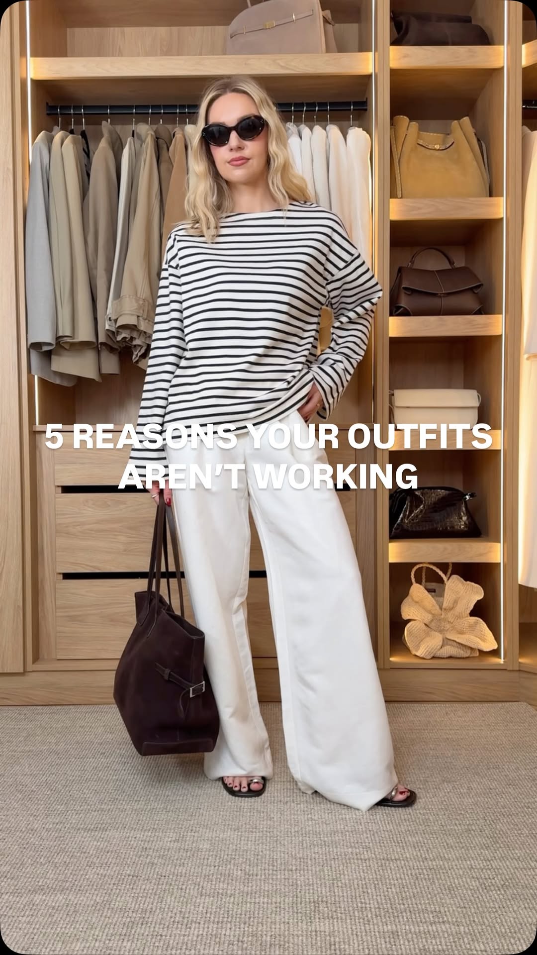 casual white and black striped top, white pants long-sleeve top and wide-leg pants outfit — boat neck, dropped shoulder (top); high-waisted, full-length (pants)
