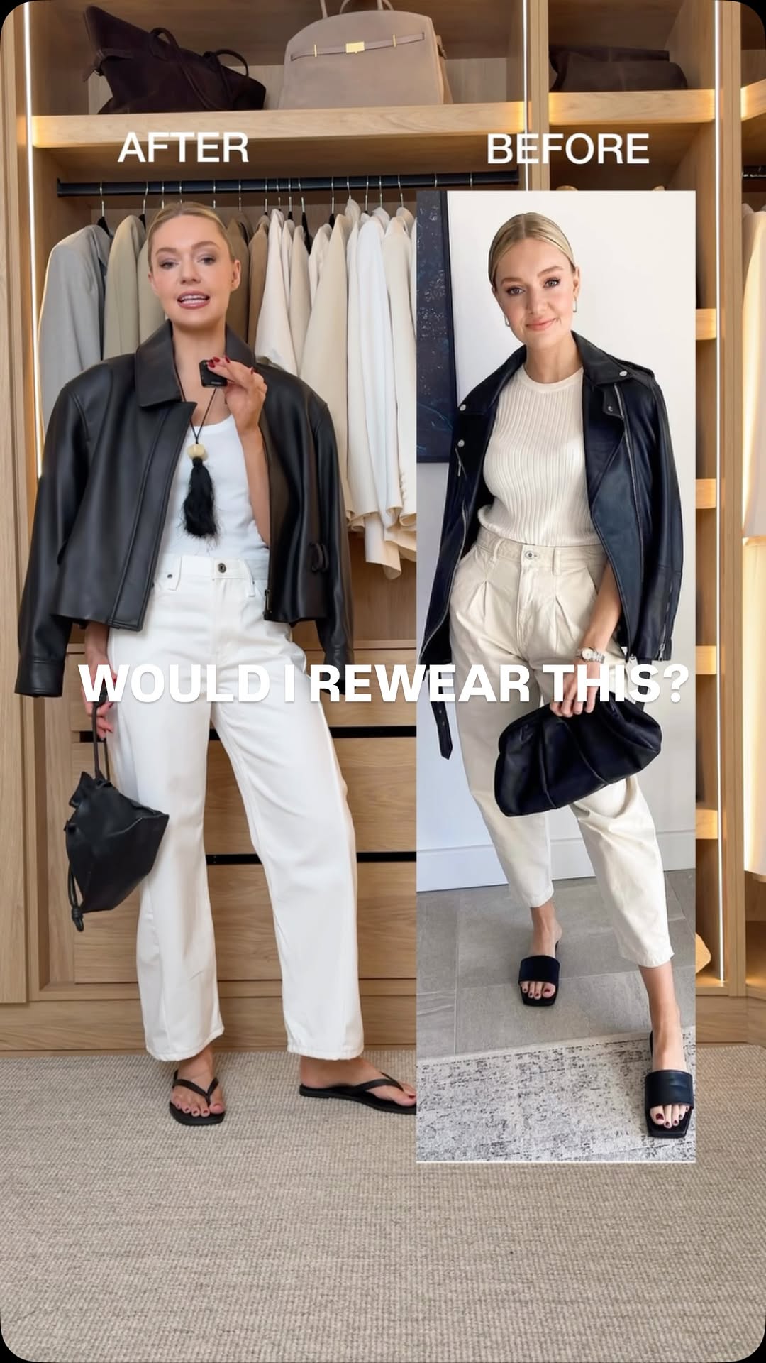 casual black leather jacket — wide notched lapels, dropped shoulders, long sleeves, cropped length, no visible closures