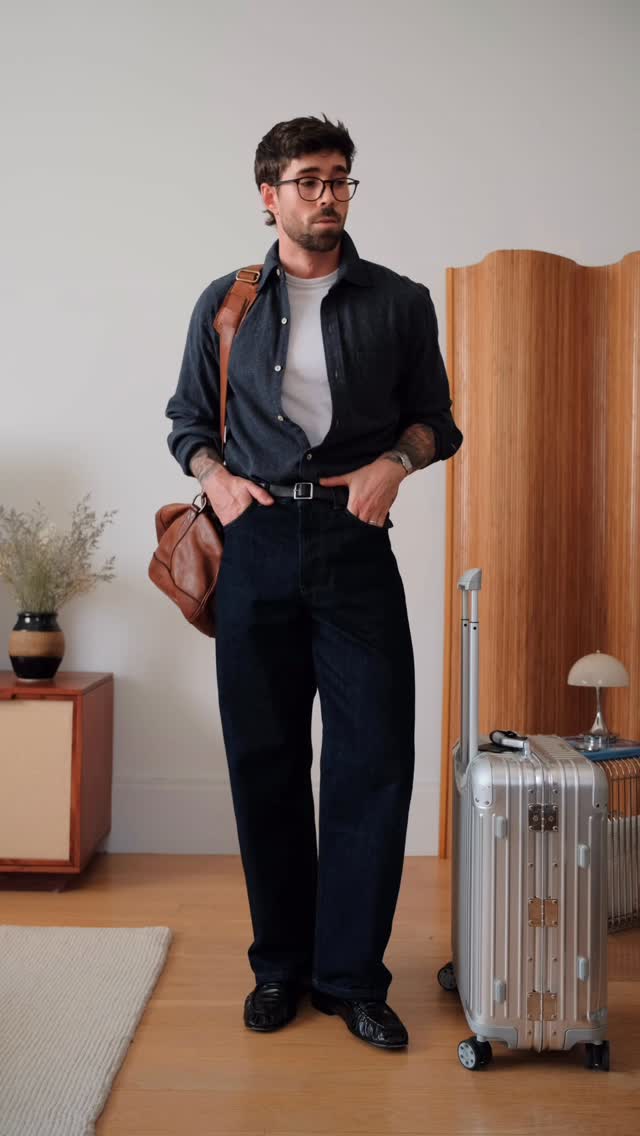 casual dark blue men's outfit — button-down shirt, long sleeves, collared, high-waisted wide leg jeans