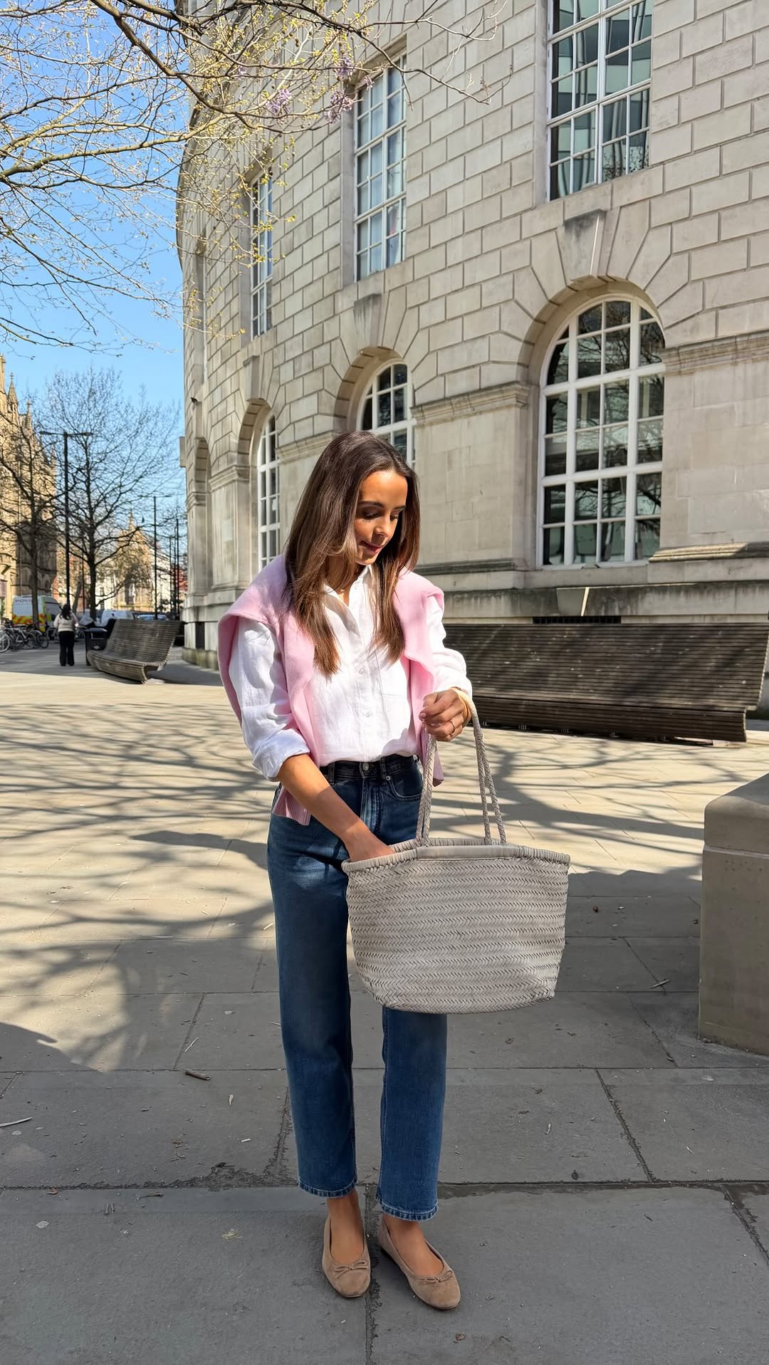 Good Basics Club White Button-Down Shirt and Pink Sweater Outfit