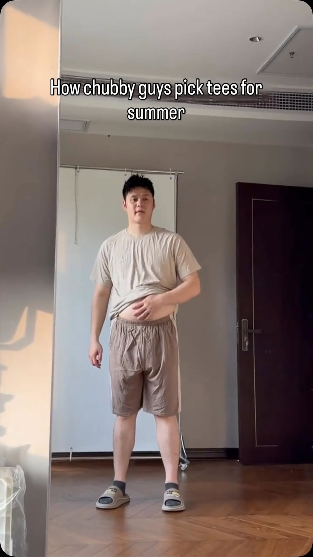 casual beige and brown t-shirt and shorts set — crew neck t-shirt, elastic waist shorts, side stripe detail on shorts
