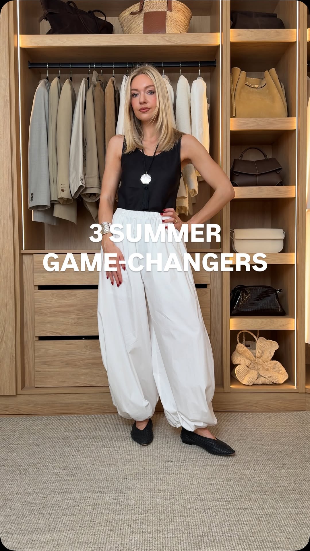 casual white harem pants — elasticated waist, wide leg, gathered ankle cuffs, voluminous silhouette