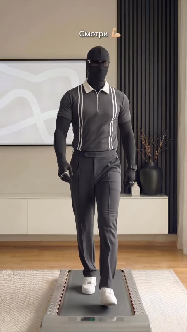 casual charcoal grey polo shirt and trousers set — quarter zip polo neckline, white collar, white vertical stripes on polo, side seam trousers
