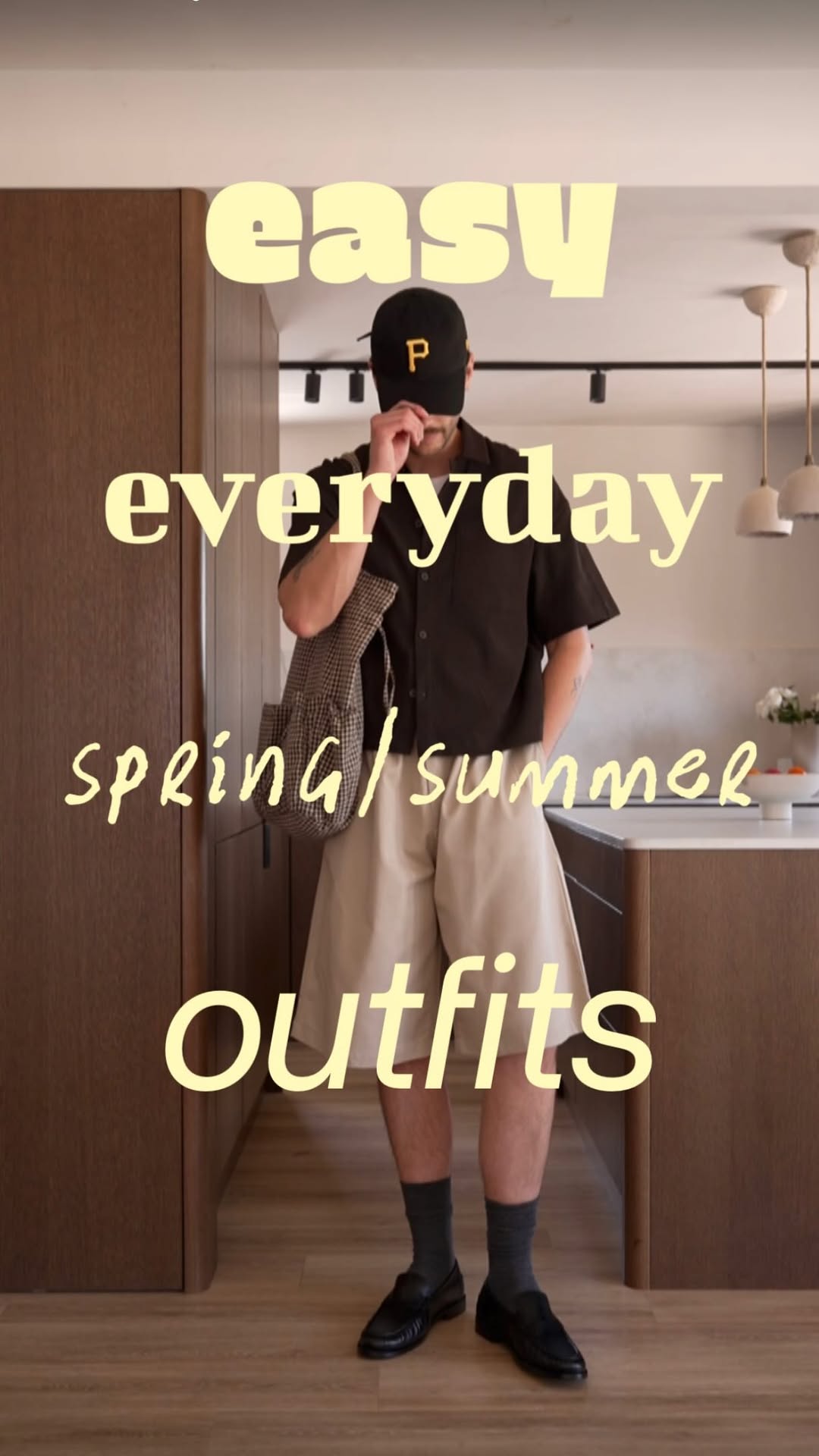 casual dark brown and beige men's casual outfit — camp collar shirt, wide leg shorts, button-up shirt