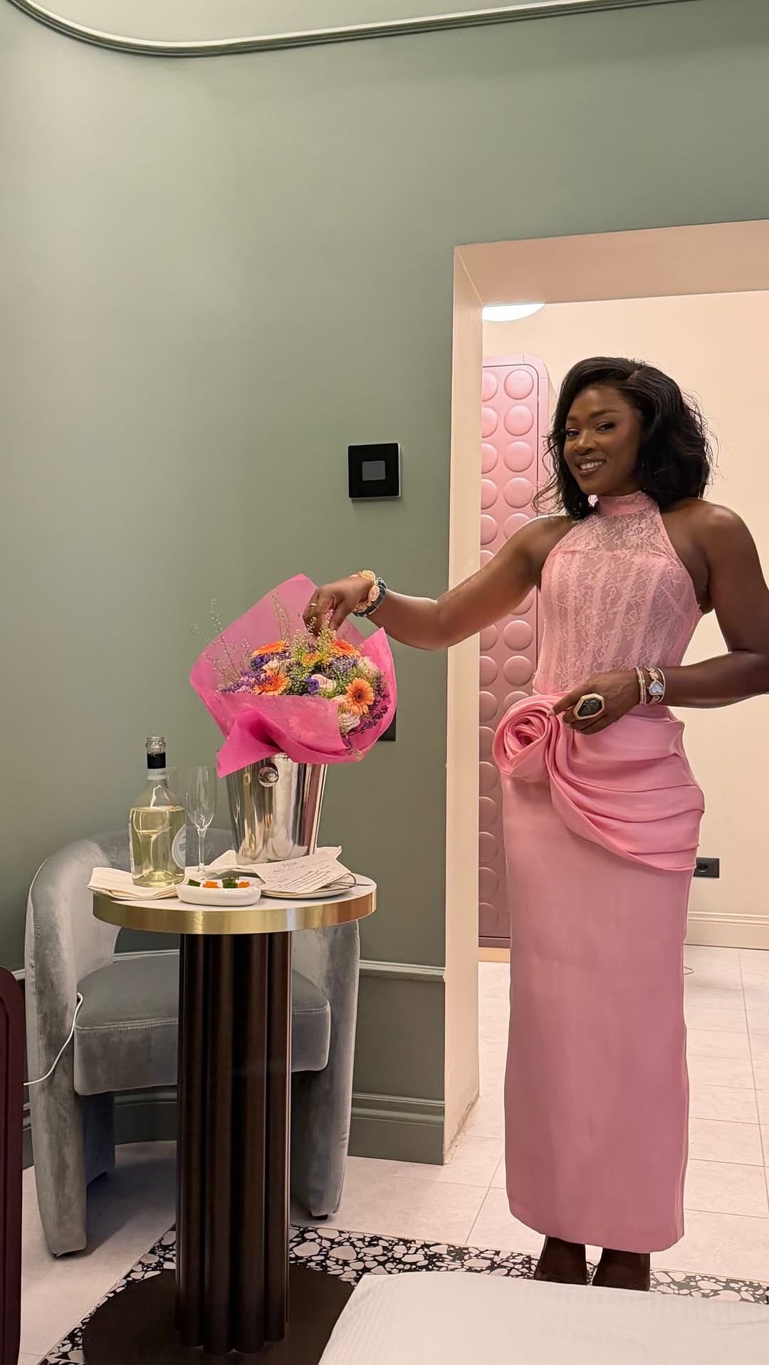 Ibilola Ogundipe Official Pink Halter Neck Lace and Satin Gown