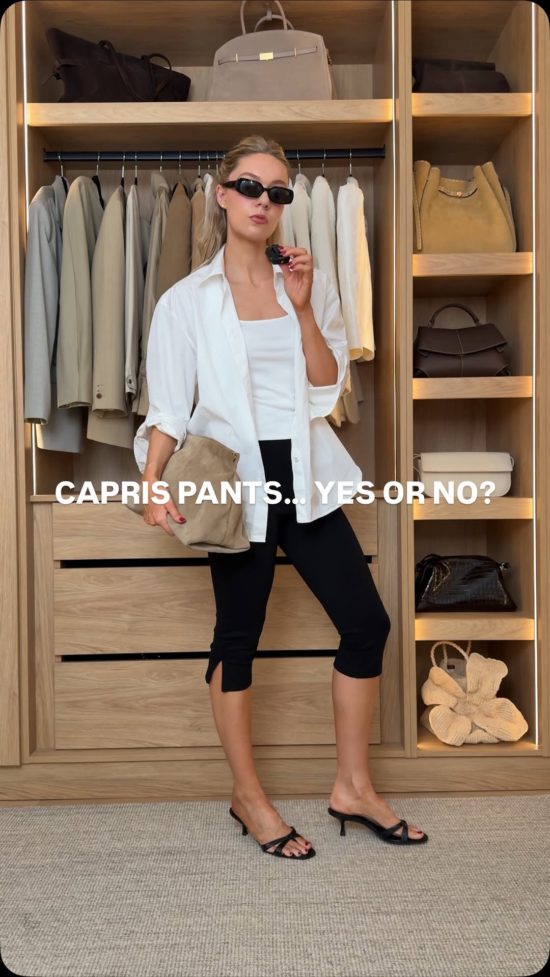 casual black capri pants — split hem cuffs, mid-rise