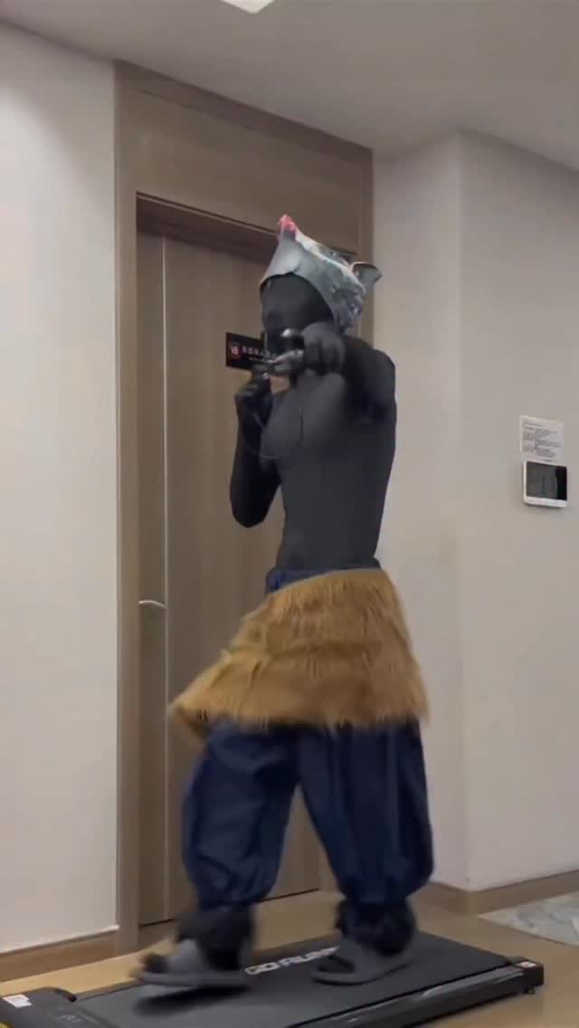 costume, anime cosplay black, dark blue, brown, grey cosplay costume — full body black zentai suit, faux fur waist wrap, dark blue baggy pants, grey boar head mask with pink accents