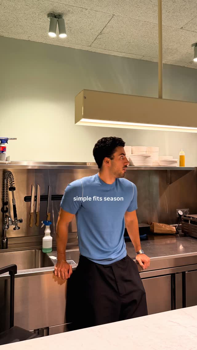 casual sky blue and black t-shirt and wide-leg pants — crew neck t-shirt, 'simple fits season' text print, pleated wide-leg pants