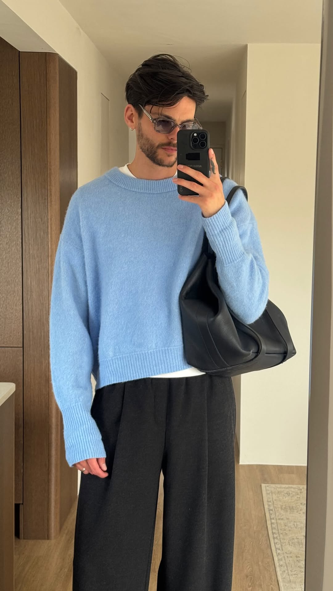 minimalist light blue crew neck sweater — ribbed crew neck, ribbed cuffs, ribbed hem, dropped shoulders