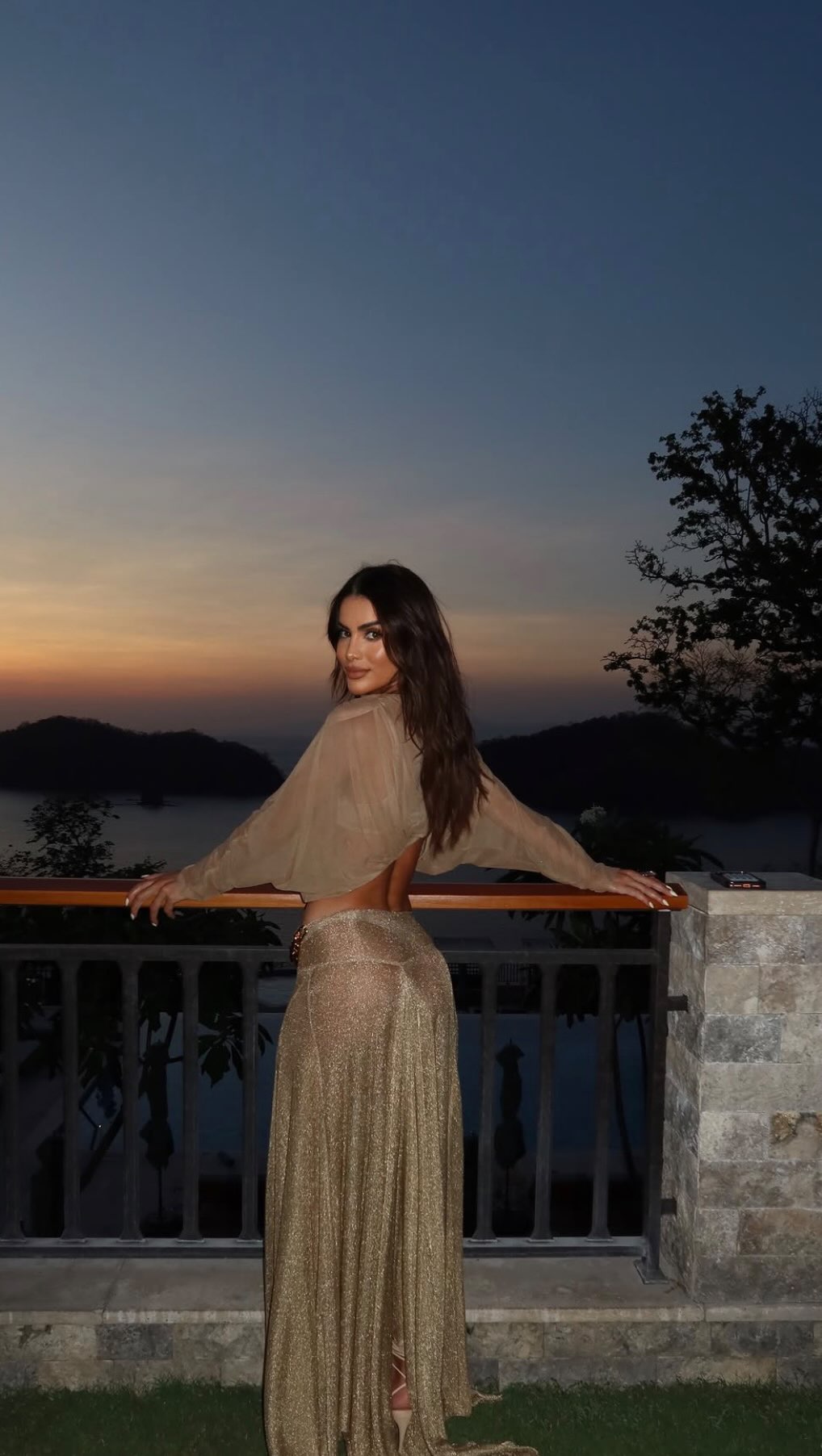 luxury sheer beige, metallic gold crop top and maxi skirt set — sheer oversized balloon sleeve top, open back, high-waisted metallic maxi skirt, sheer skirt, side slit