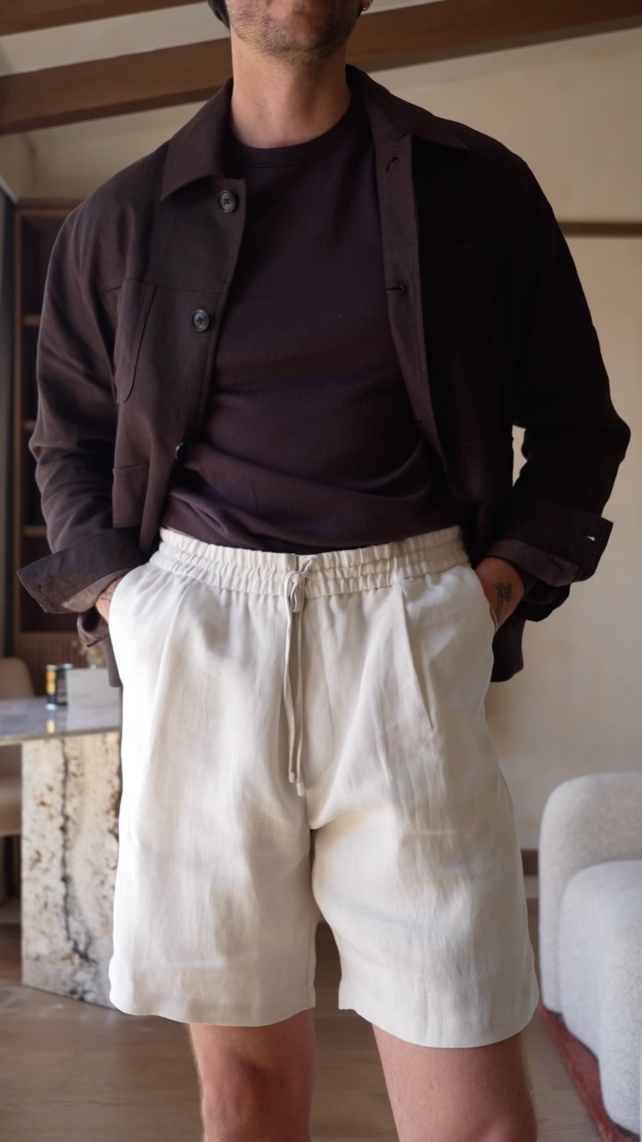 Reiss Linen Shirt Jacket and Drawstring Shorts Outfit