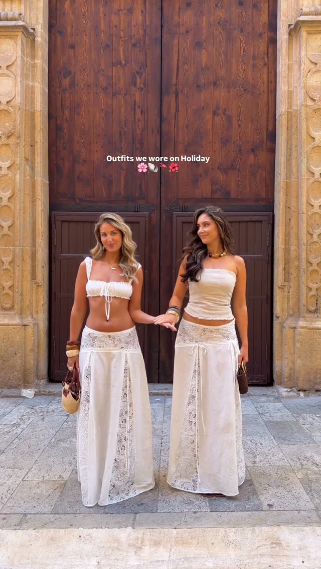 bohemian white two-piece skirt set — ruched drawstring crop top, square neckline, wide shoulder straps, maxi skirt with lace trim inserts, side slits, drawstring waist