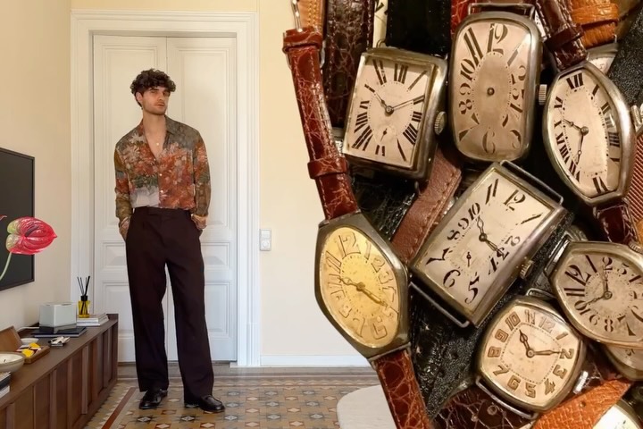 casual multi-color floral print (shirt), dark brown (trousers) button-up shirt and trousers — collared neckline, button-up front, long sleeves, pleated front trousers