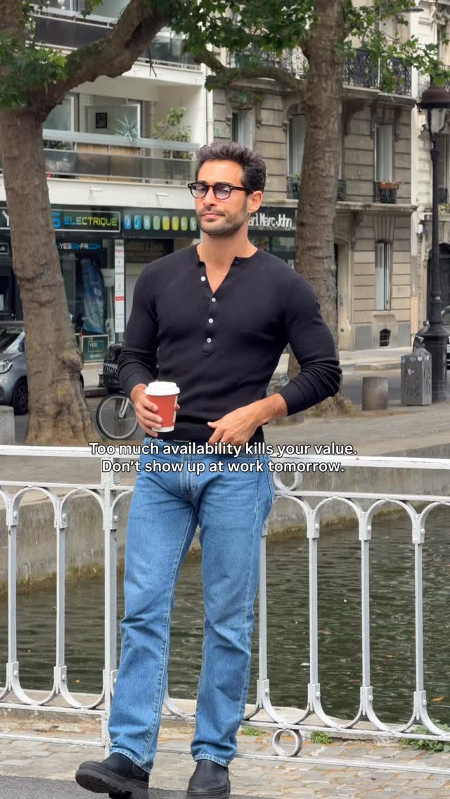 casual black Henley shirt — long sleeve, button placket neckline