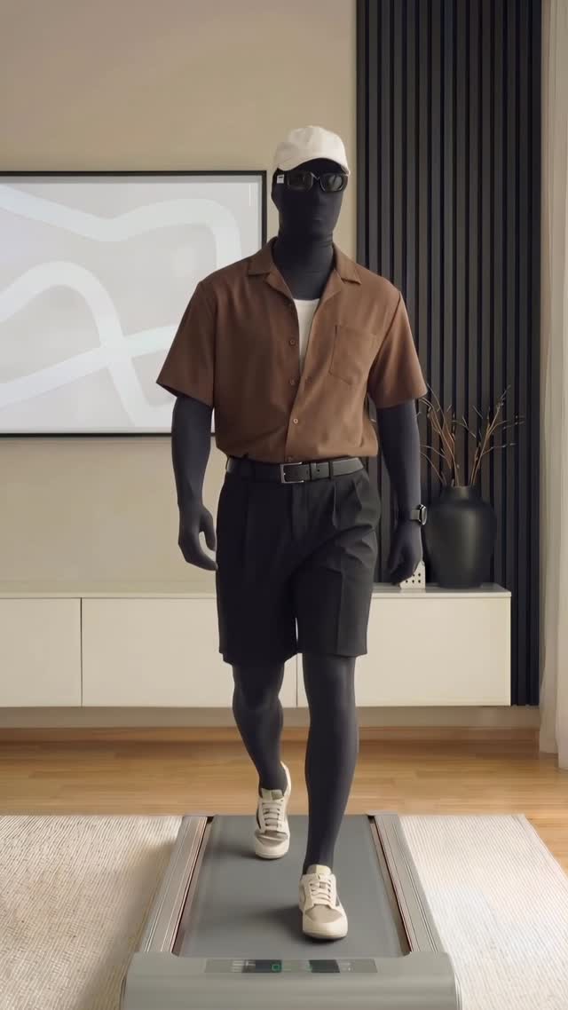 casual brown, black, white men's outfit — camp collar shirt, chest pocket, pleated shorts, belt loops