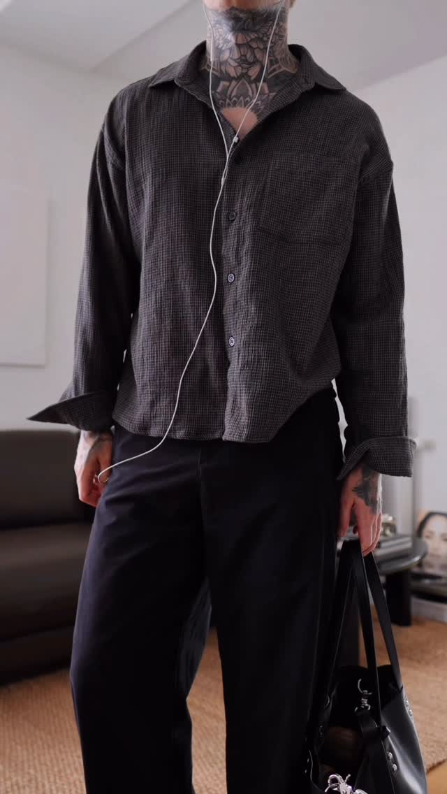 casual charcoal gray button-up shirt — spread collar, dropped shoulders, button front, cuffed sleeves, textured fabric