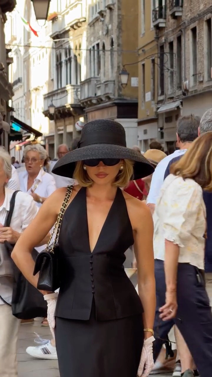 Chanel Black Halter Top and Pencil Skirt with Wide-brim Hat