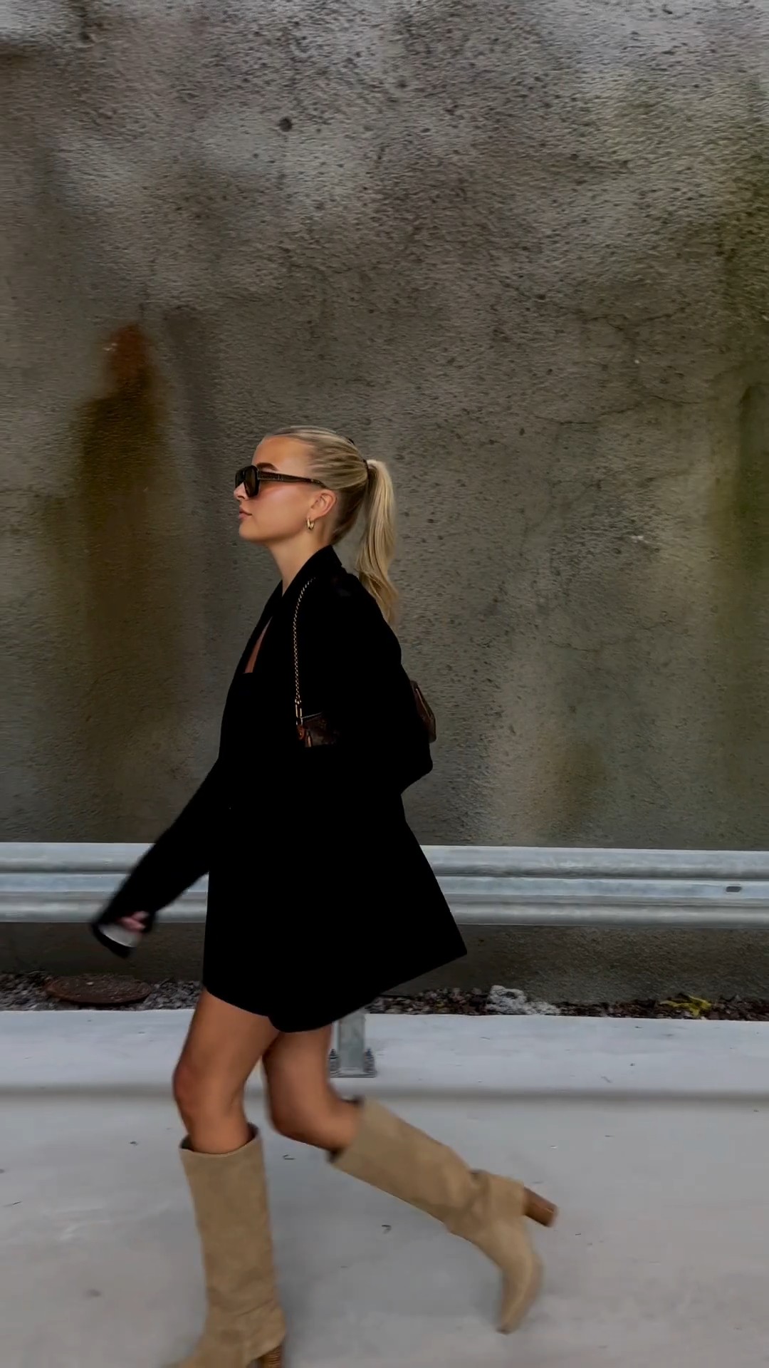 casual black blazer dress — longline, single-breasted, notched lapel
