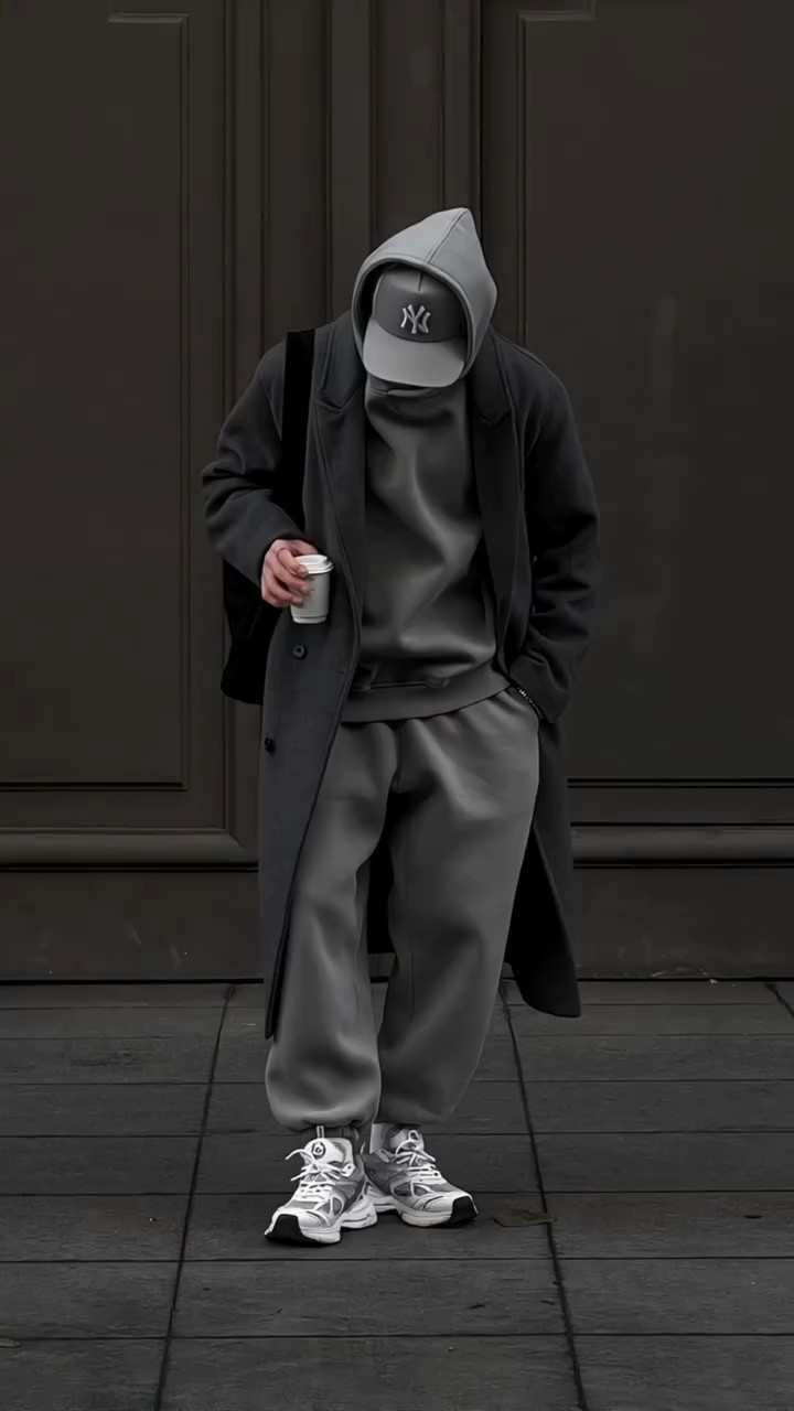 New Era Grey Oversized Coat, Hoodie, and Sweatpants Outfit
