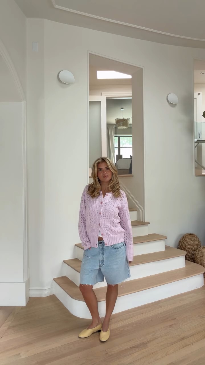 casual light lavender cardigan — crew neck, long sleeves, button-front, open-knit detailing, ribbed cuffs and hem