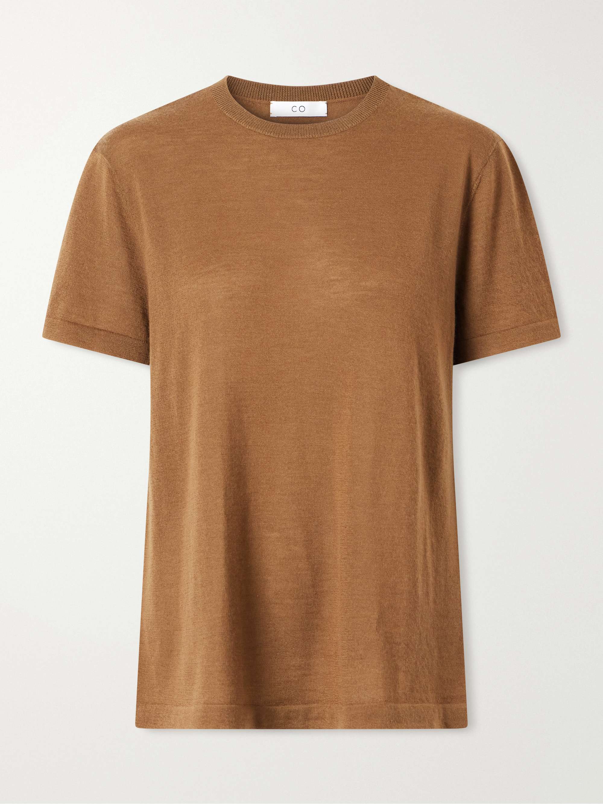CO Camel Brown Cashmere T-shirt — Crew Neckline, Short Sleeves
