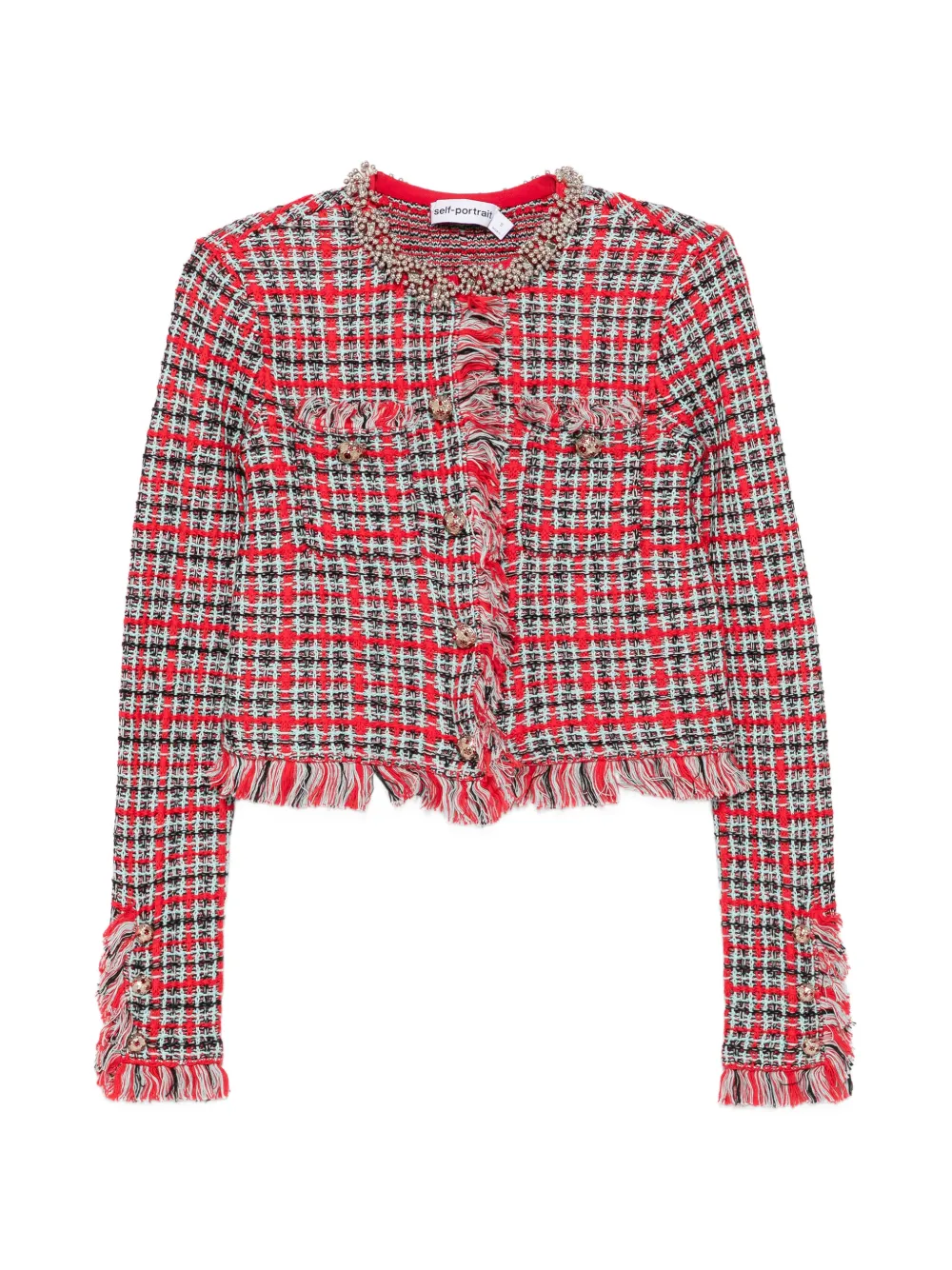 Self-portrait Red Check Frayed Knit Jacket
