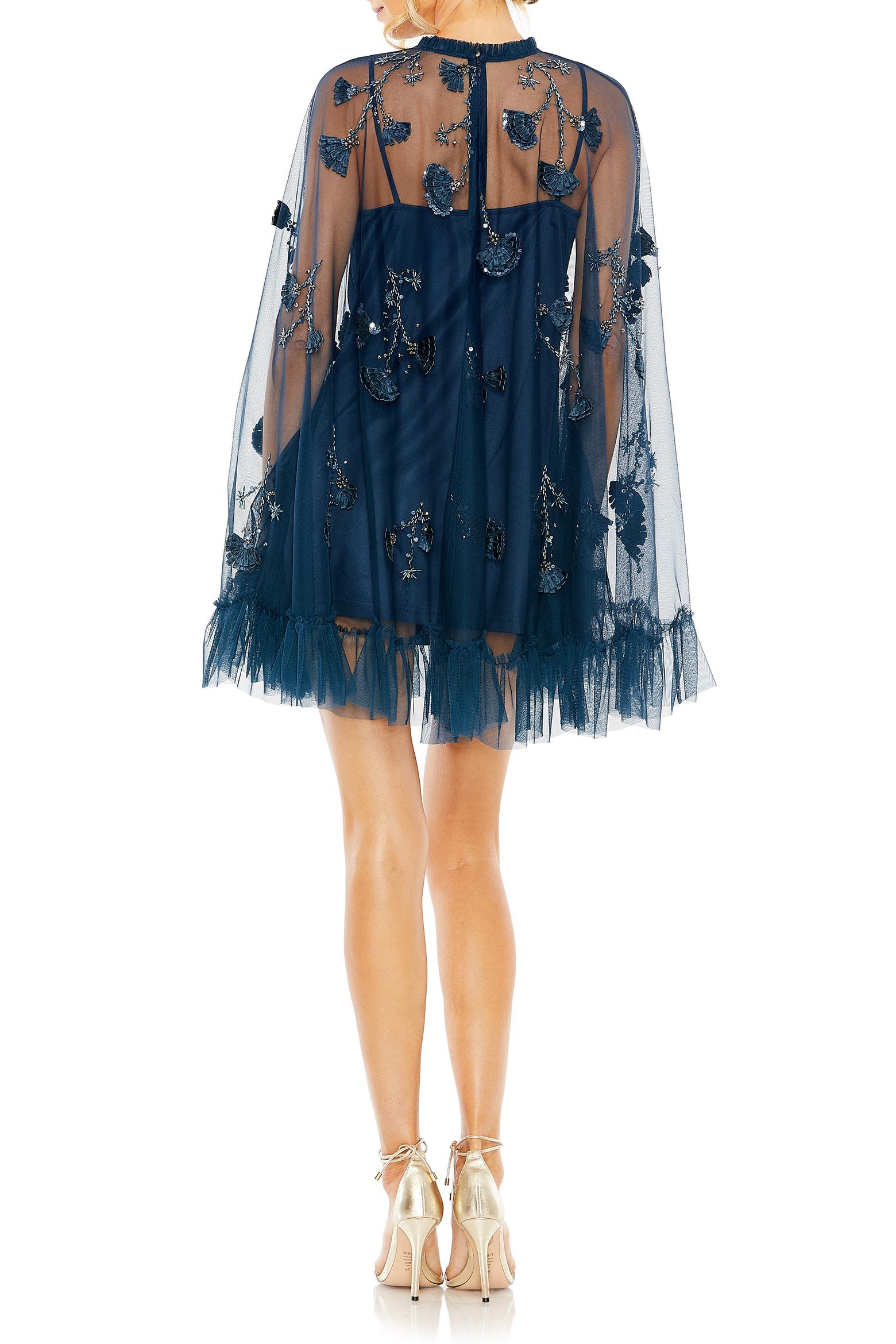 Mac Duggal Embellished Long Sleeve Trapeze Dress with Ruffle Hem