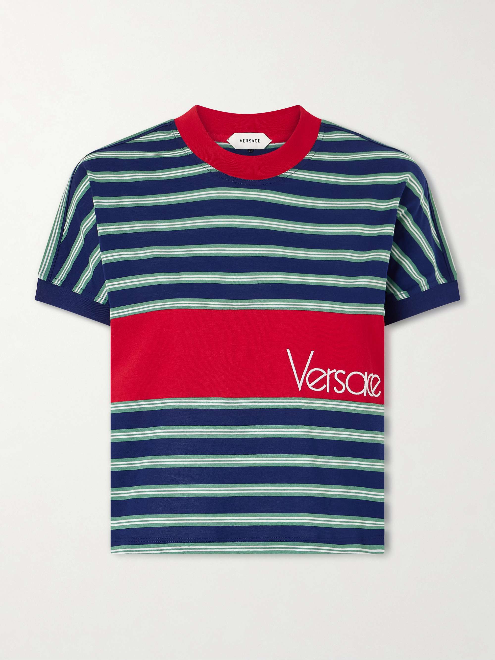 VERSACE Logo-embroidered Striped Cotton-jersey T-shirt