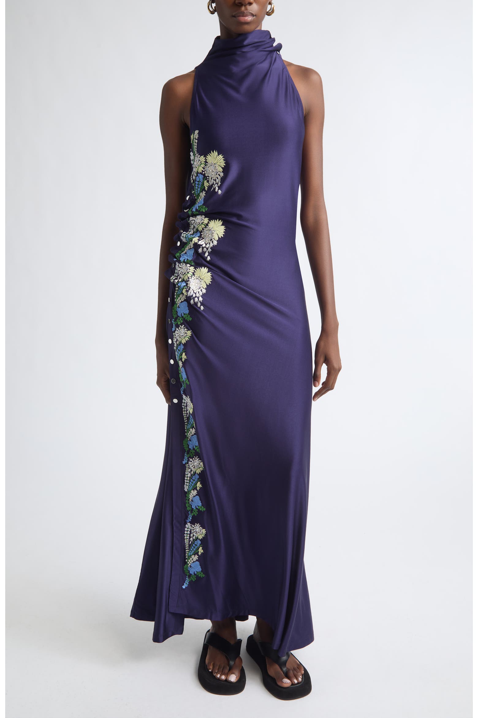Rabanne Embroidered Mock Neck Sleeveless Satin Gown