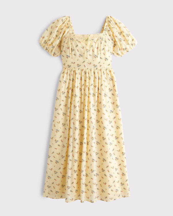 Abercrombie & Fitch Light Yellow Midi Dress — Square Neckline, Puff