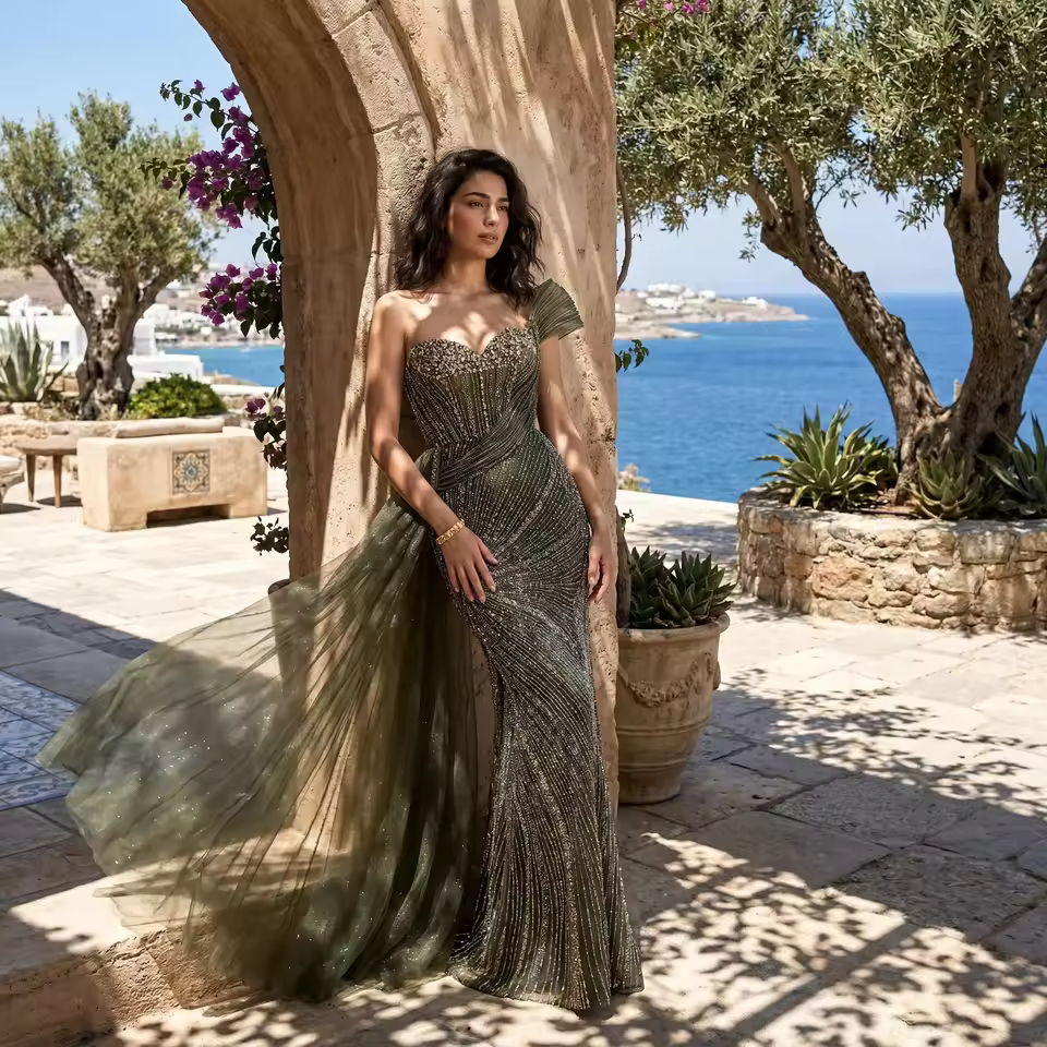 SERENE HILL MALL Sto... SERENE HILL Olive Green Beaded Luxury Evening
