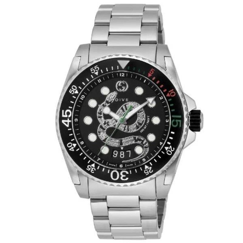 Gucci Silver and Black Quartz Watch — Black Dial Featuring a Detailed