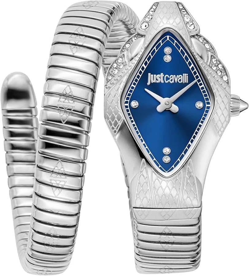 Just Cavalli Silver and Blue Watch — Serpentine Wrap-around Bracelet